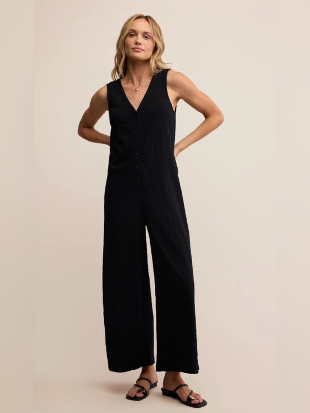 V-Neck Button Front Wide-Leg Jumpsuit - Black